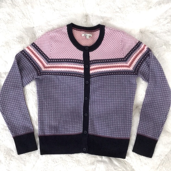 GH Bass Sweater Cardigan Soft Acrylic Medium Pink Navy Blue Patterned - Picture 1 of 6